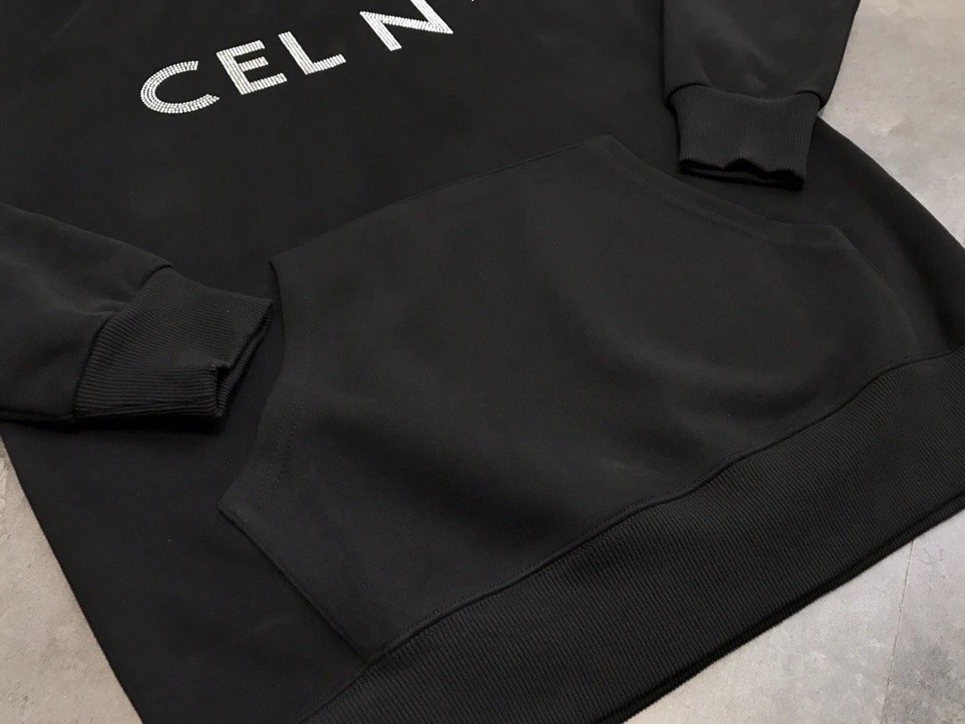 CELINE Letter Rhinestone Hoodie Black - Gallery Image 7 - Detailed View