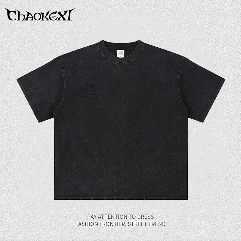 Vintage Distressed Men's Tee, Washed Black - CHAOKEXI - Cnfans - $20.32