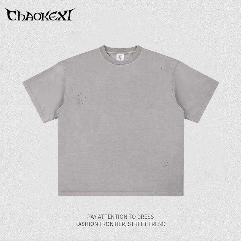 Vintage Distressed Men's Tee, Street Style, Light Gray - CHAOKEXI - Cnfans - $20.32