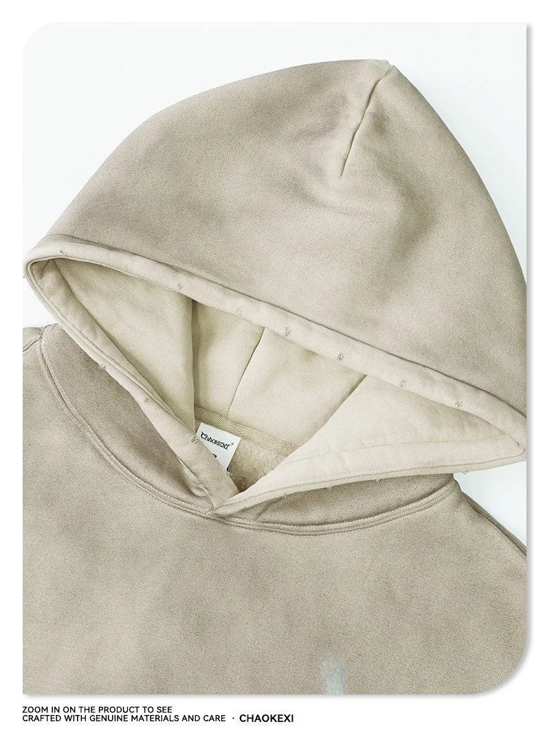 Men Heavyweight Washed Streetwear Hoodie 380g Soft Apricot - Gallery Image 8 - Detailed View