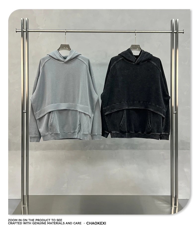 Men Heavyweight 430g Washed Pullover Hoodie Mud Gray - Gallery Image 6 - Detailed View