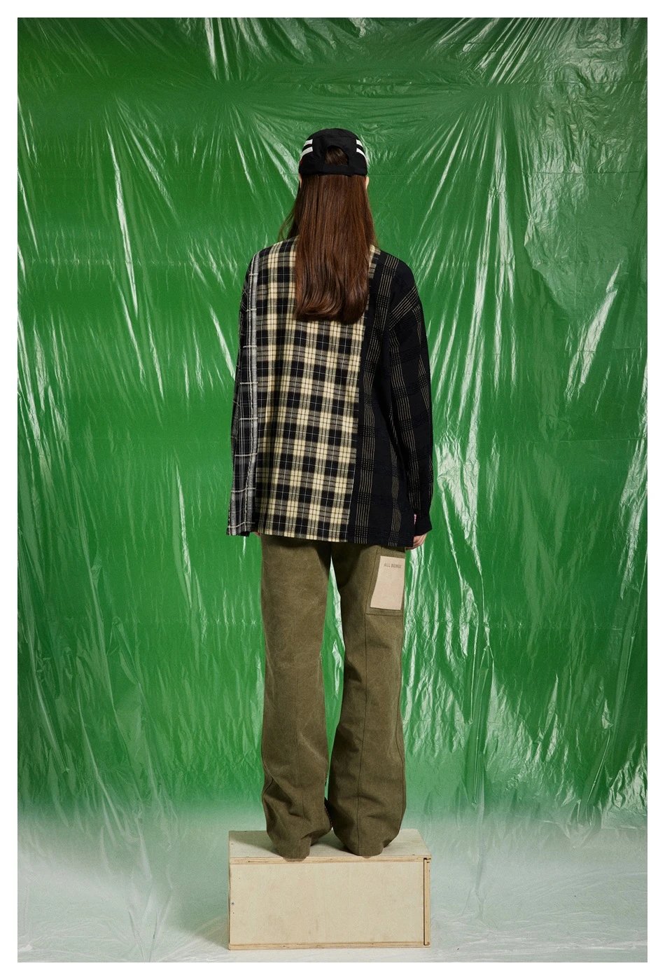 Unisex Oversized Patchwork Plaid Shirt, Earth Tone Plaid - Gallery Image 4 - Detailed View