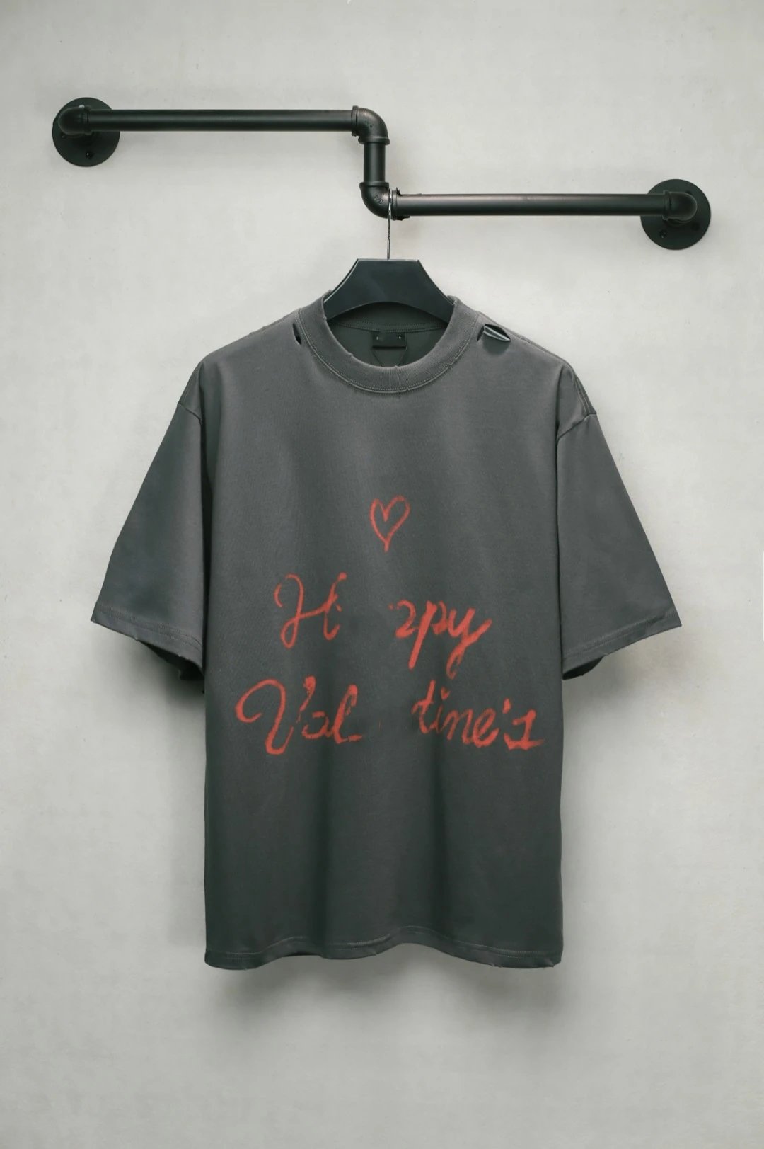 Distressed Cotton Valentine's Tee, Faded Coal - Related Product - Cnfans
