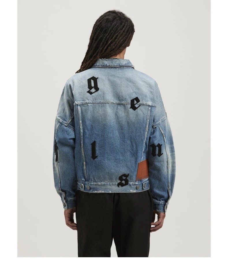 Men's Denim Jacket, Street Style, Embroidered, Sky Blue - Gallery Image 12 - Detailed View