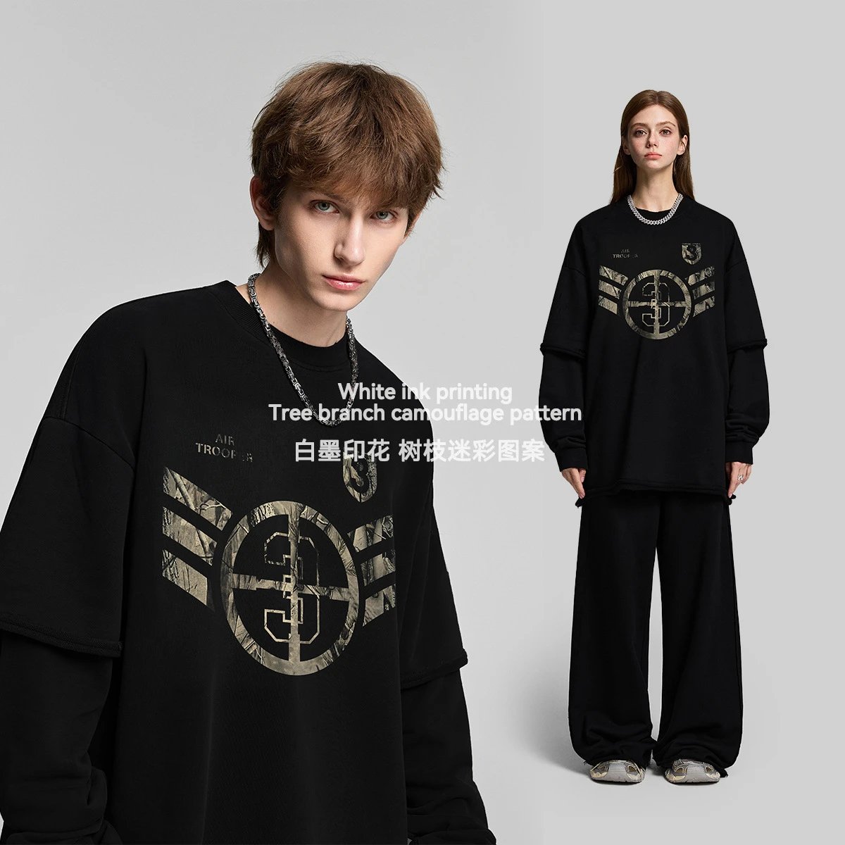 420G Heavyweight Cotton Two-Piece Camo Hoodie Jet Black - Gallery Image 3 - Detailed View