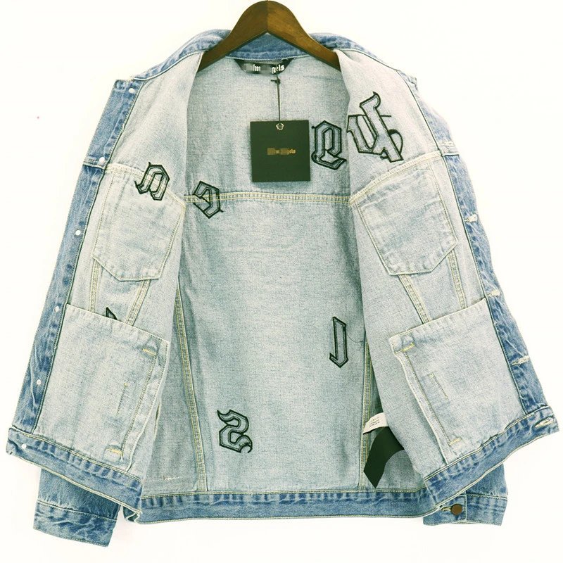 Men's Denim Jacket, Street Style, Embroidered, Sky Blue - Gallery Image 4 - Detailed View