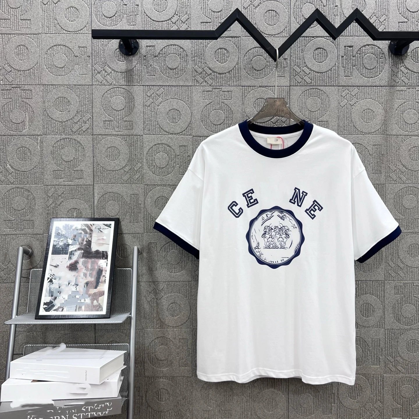 Unisex Cotton Oversized Ringer Graphic Tee, Chalk White/Navy - Celine - Cnfans - $30.00