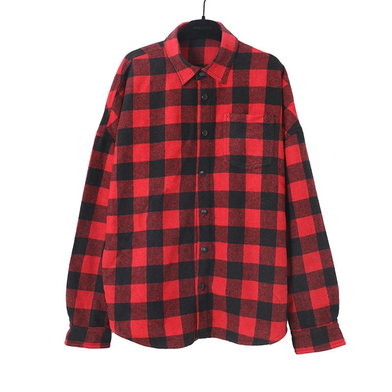 Plaid Flannel Shirt Unisex Casual Outerwear - Scarlet - Gallery Image 3 - Detailed View