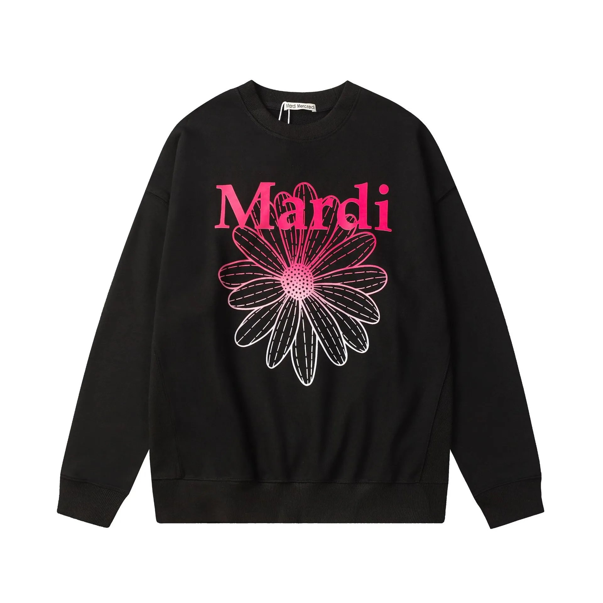 Loose Fit Daisy Print French Terry Crewneck Sweatshirt, Jet Black - Mardi Mercredi - Cnfans - $26.45