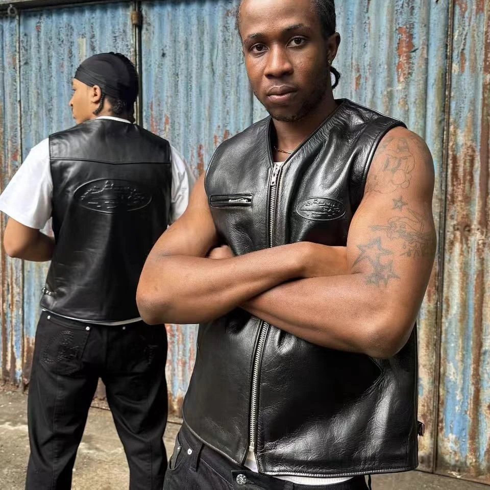 Street PU Biker Vest Ebony Ivory - Gallery Image 12 - Detailed View