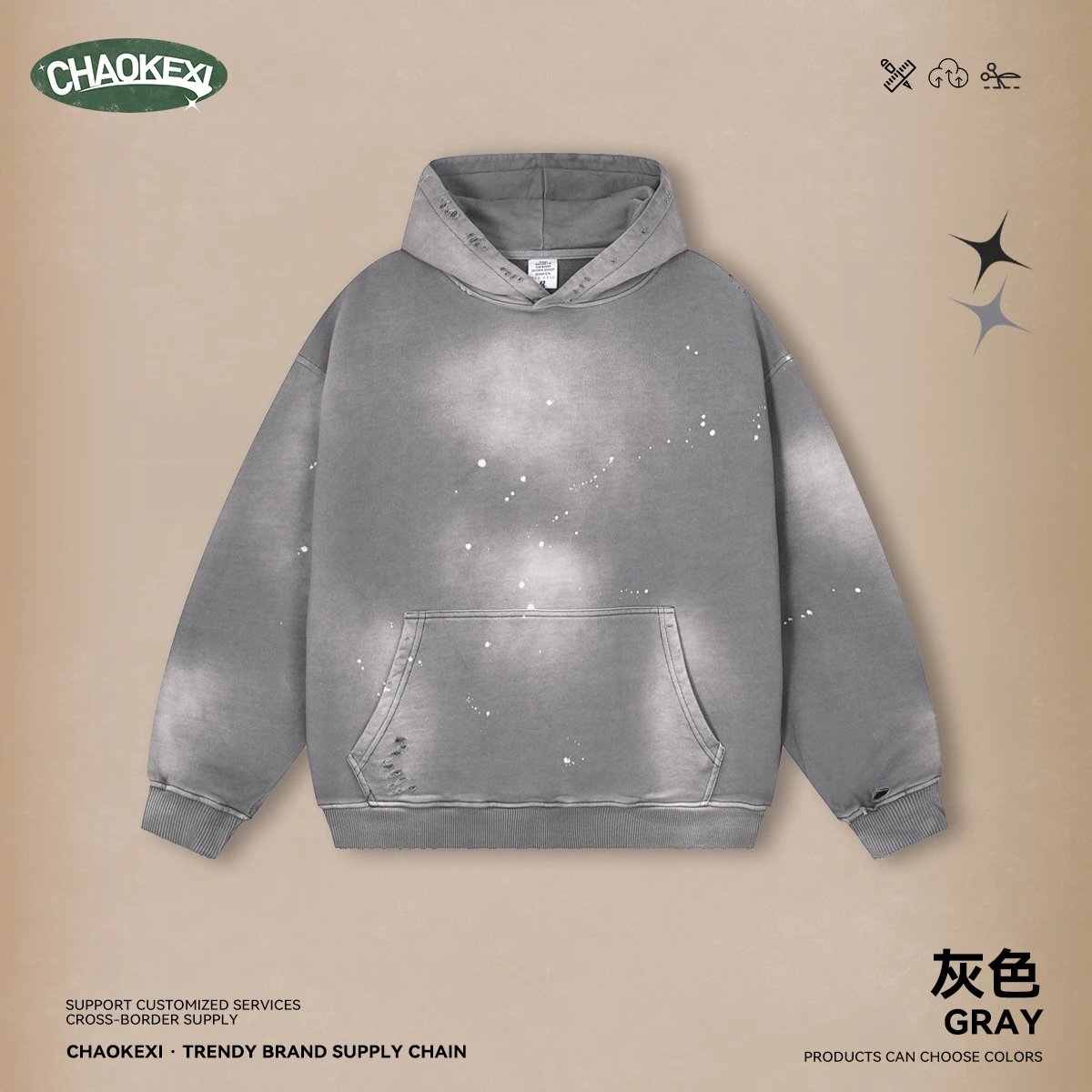 Vintage Wash Hoodie Autumn Pullover Sweatshirt Gray - CHAOKEXI - Cnfans - $34.84
