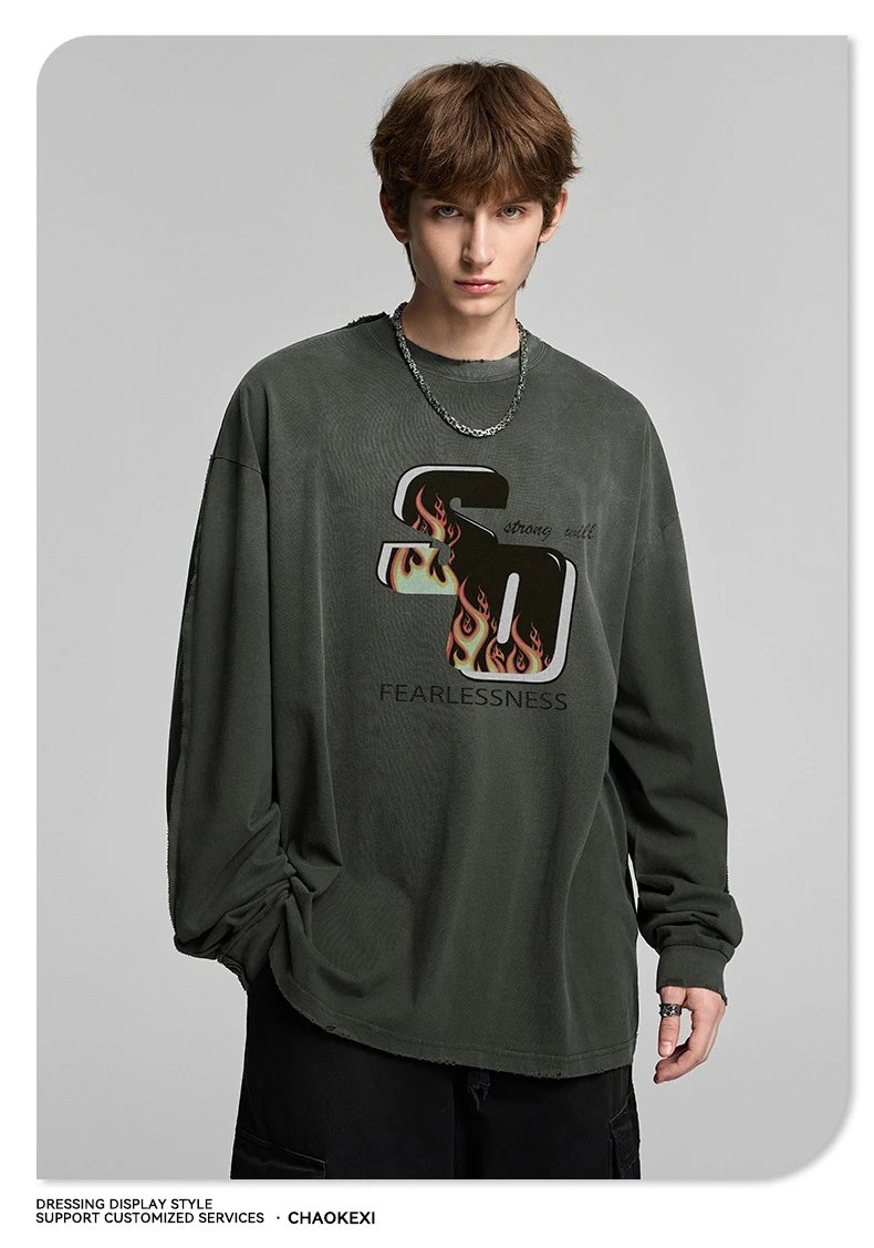 Men's Cotton Long Sleeve Tee Vintage Style Dark Gray - Gallery Image 3 - Detailed View