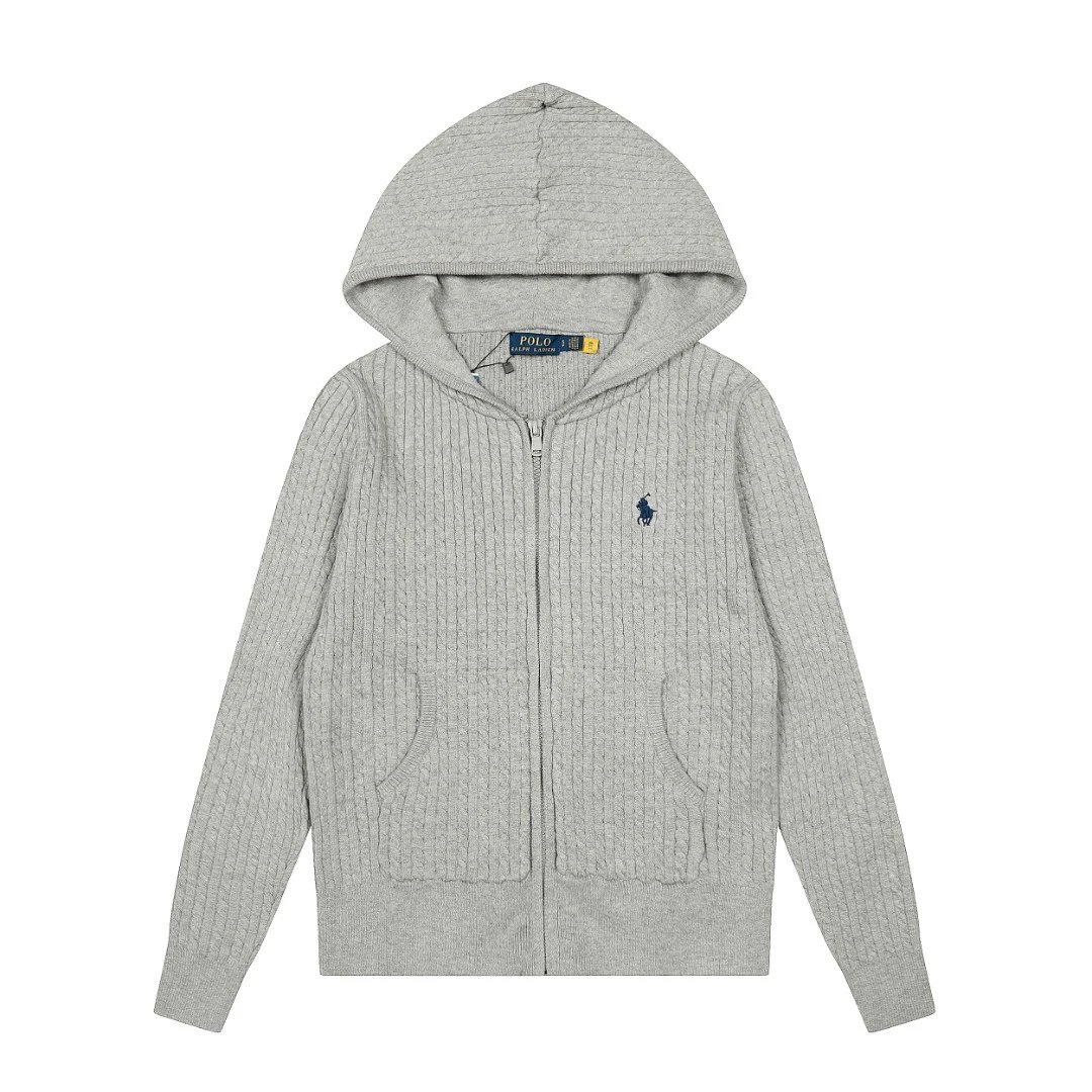 Cable Knit Full-Zip Hoodie Cotton Sweater - Heather Gray - Ralph Lauren - Cnfans - $52.26