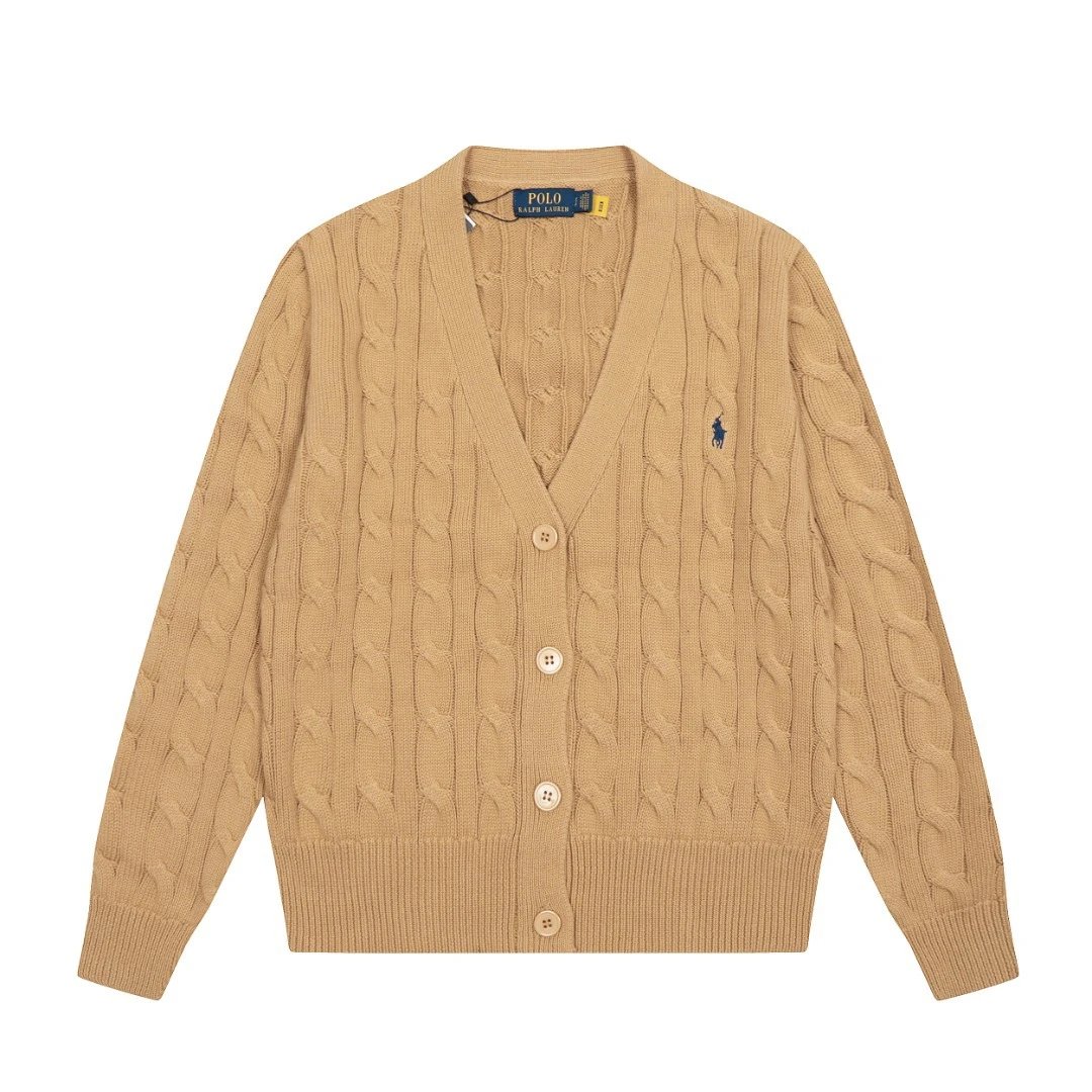 Classic Knit Cotton Cardigan Sweater Camel - Gallery Image 5 - Detailed View
