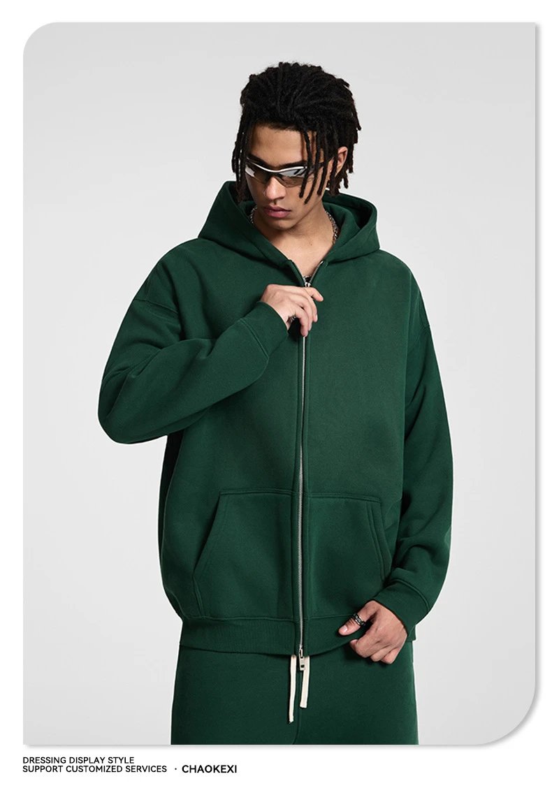 Men Streetwear Fleece Zip Hoodie 350G Loose Fit Iron Gray - Gallery Image 7 - Detailed View