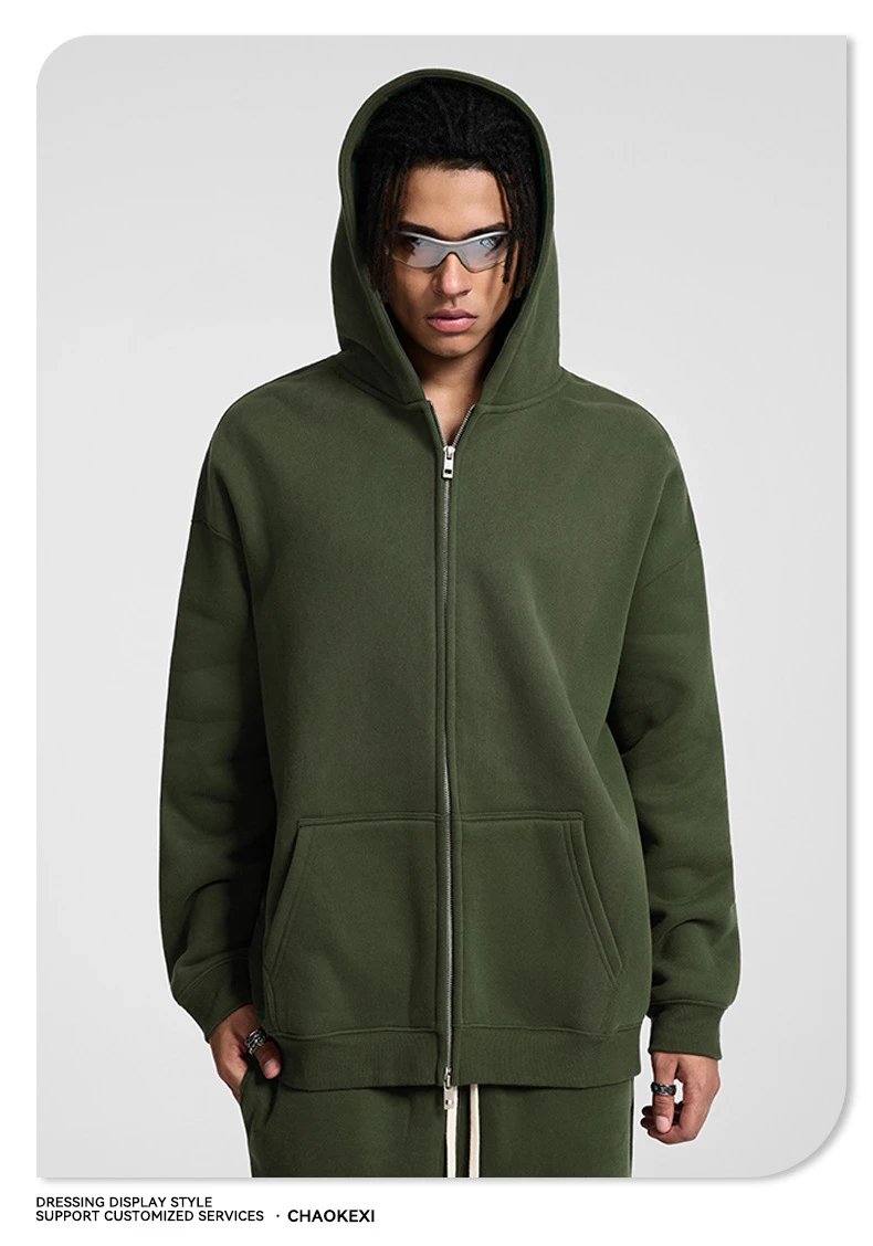 Men Streetwear Fleece Zip Hoodie 350G Loose Fit Iron Gray - Gallery Image 10 - Detailed View