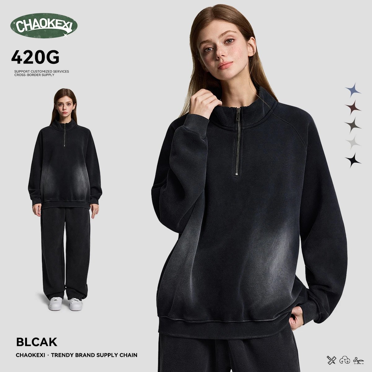 Retro Heavyweight 420G Half Zip Fleece Hoodie Unisex Onyx - CHAOKEXI（潮可喜） - Cnfans - $31.53