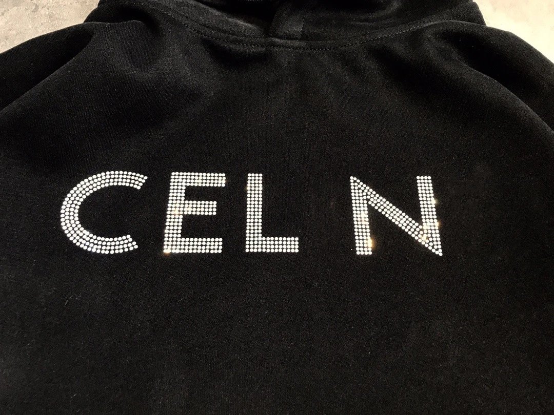 CELINE Letter Rhinestone Hoodie Black - Gallery Image 6 - Detailed View