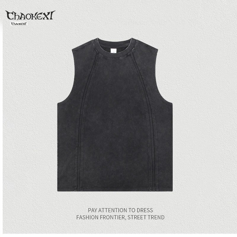 Men's Street Style Cotton Tank Top Sleeveless Washed Black - ChaoKeXi - Cnfans - $22.26