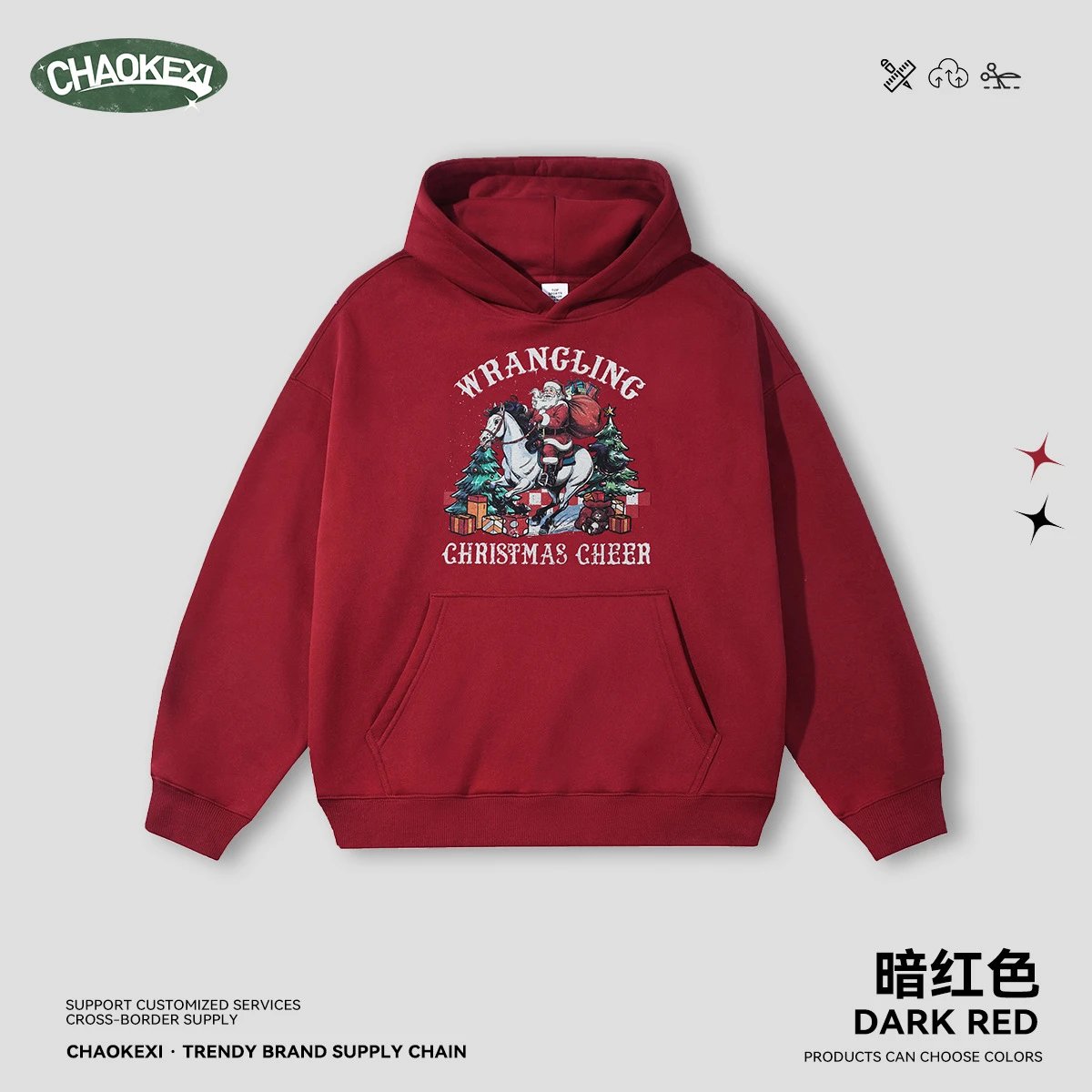 Christmas Pattern Fleece Hoodie Unisex Maroon - ChaoKeXi - Cnfans - $31.94