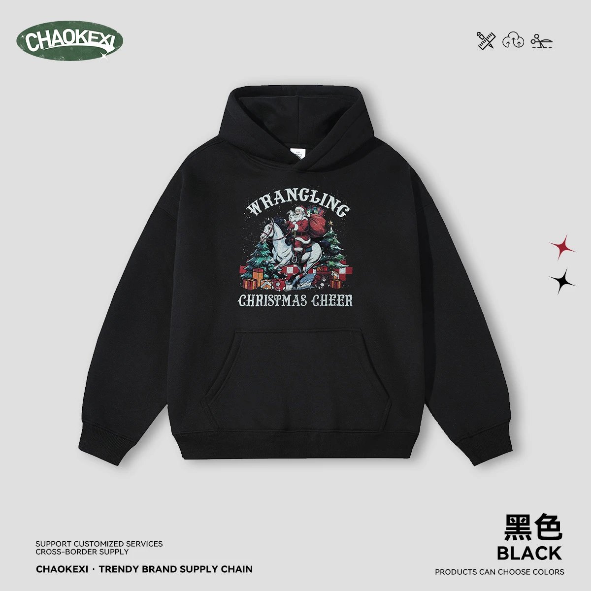 Christmas Print Fleece Hoodie Pullover - Onyx - ChaoKeXi - Cnfans - $31.94