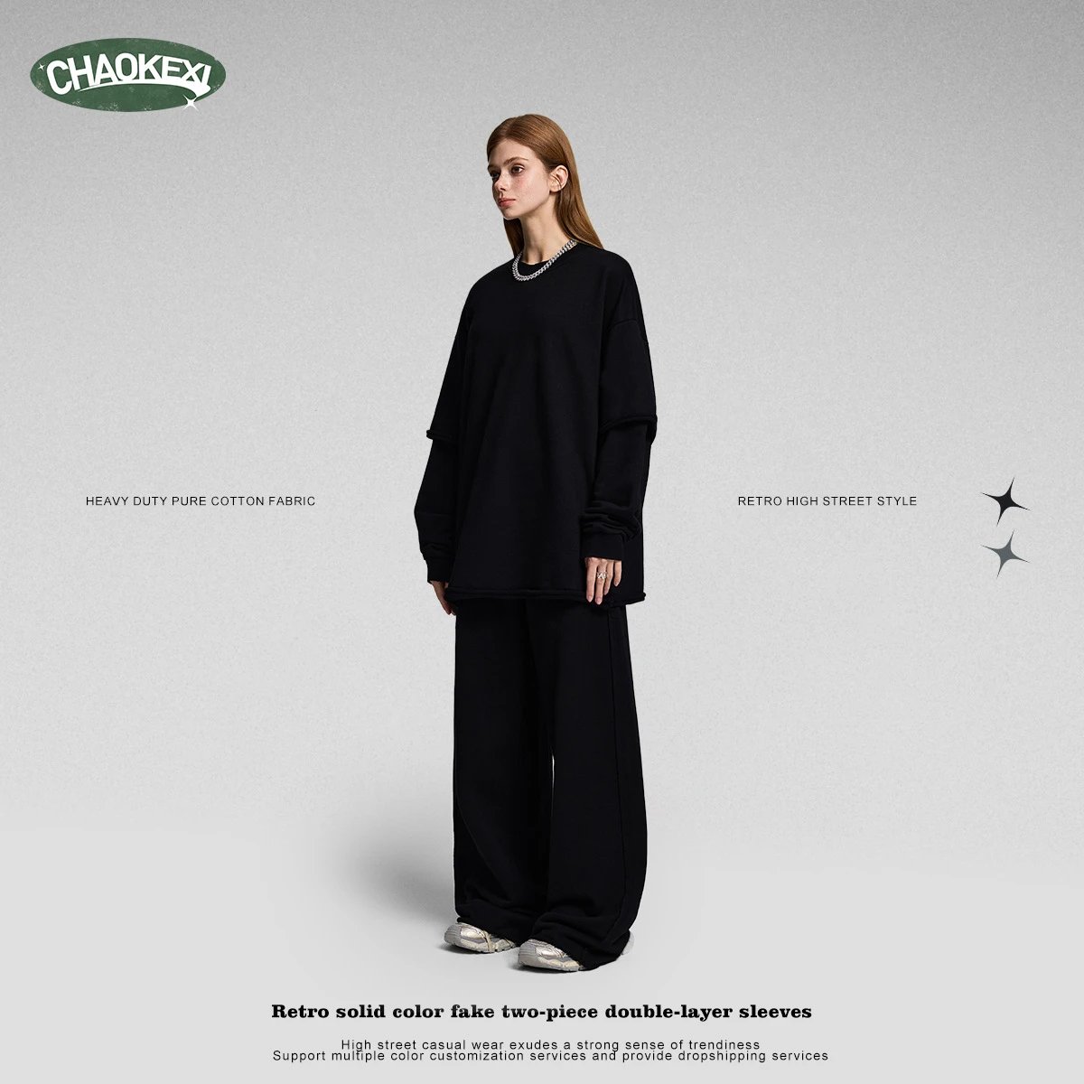 Men Boxy 420g Double Layer Fake Two-Piece Hoodie Charcoal - Gallery Image 4 - Detailed View