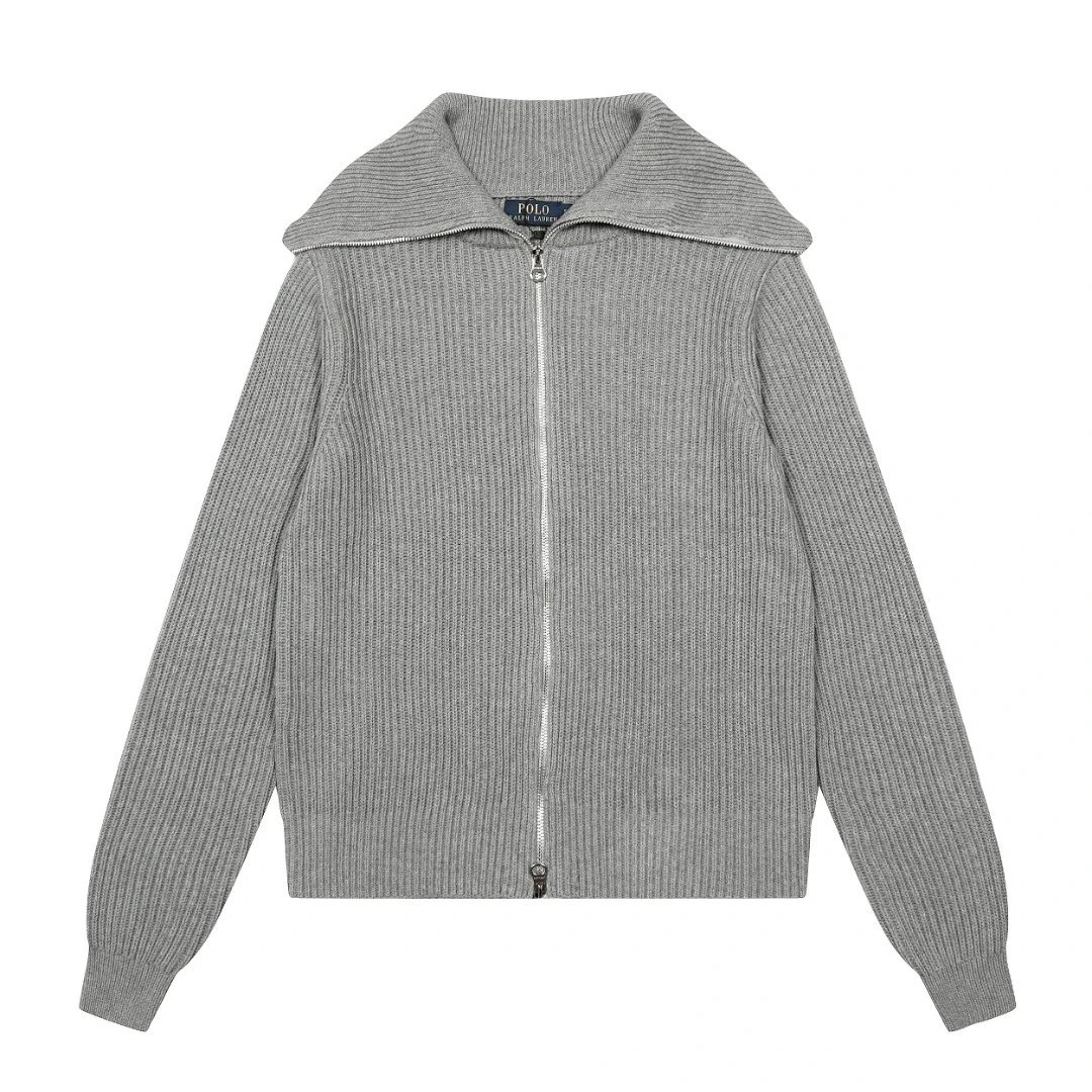 Ribbed Knit Full-Zip Cardigan, Casual Style, Heather Gray - Ralph Lauren - Cnfans - $50.65