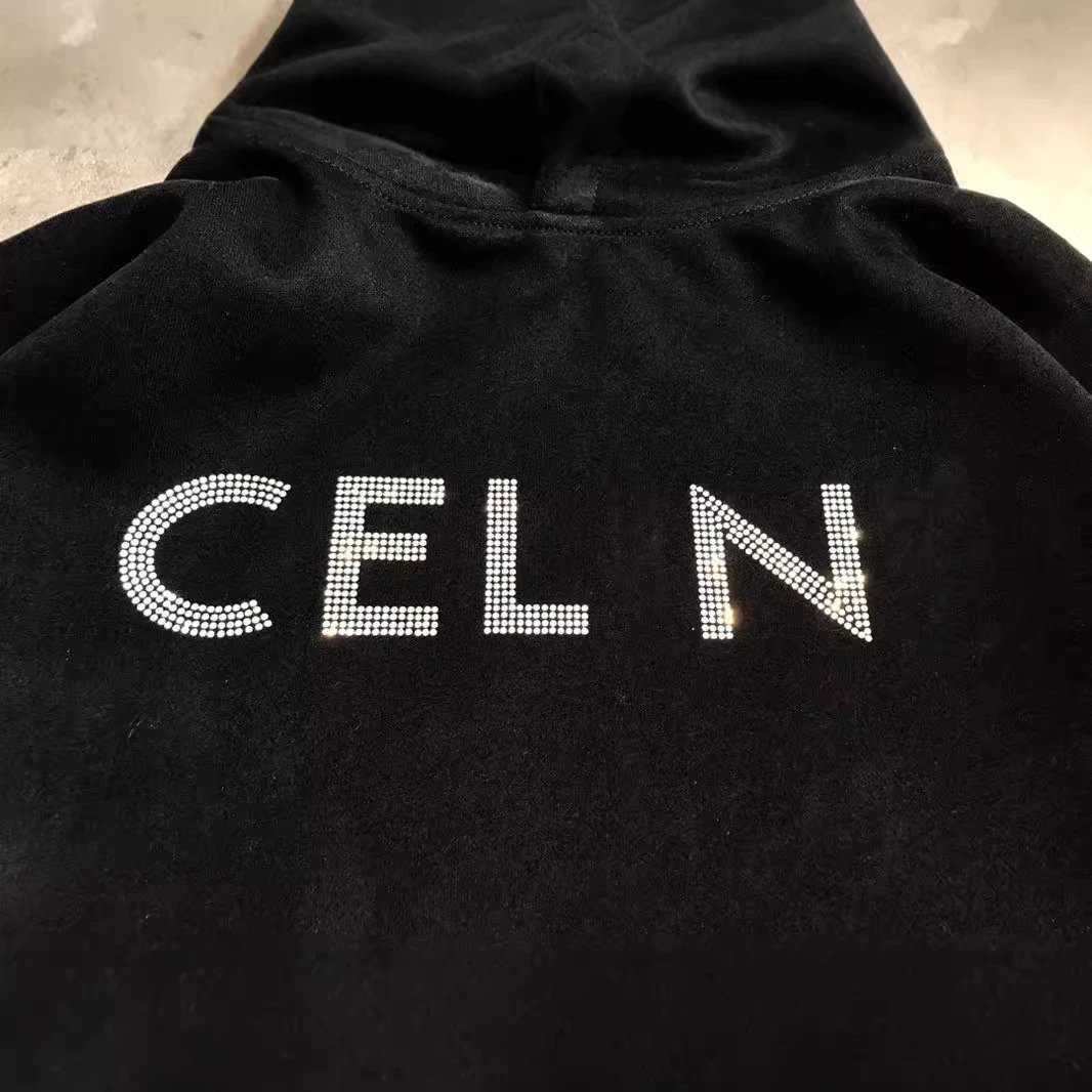 CELINE Letter Rhinestone Hoodie Black - Gallery Image 4 - Detailed View