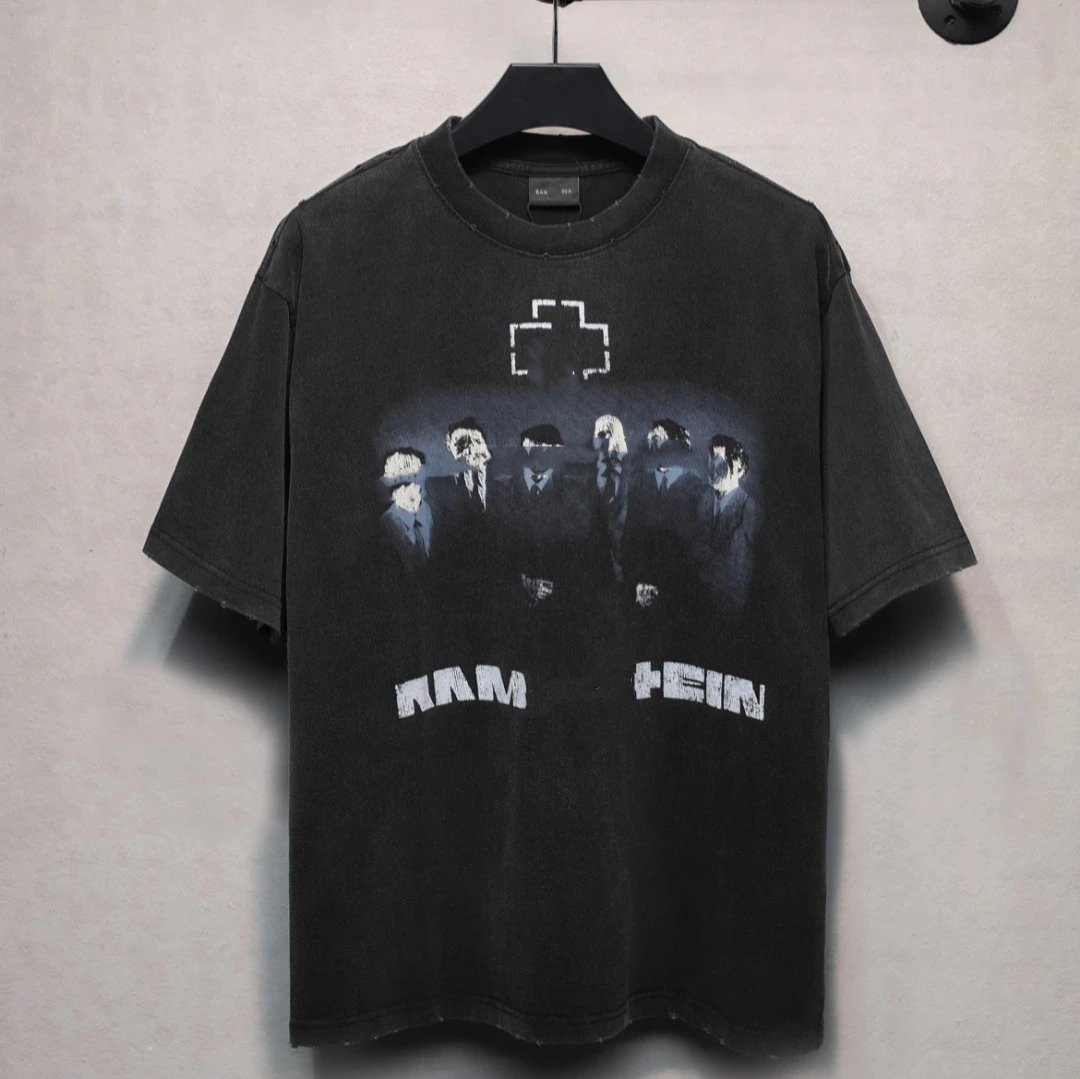 Oversized Rammstein Graphic Distressed Tee, Faded Charcoal - Gallery Image 1 - Detailed View