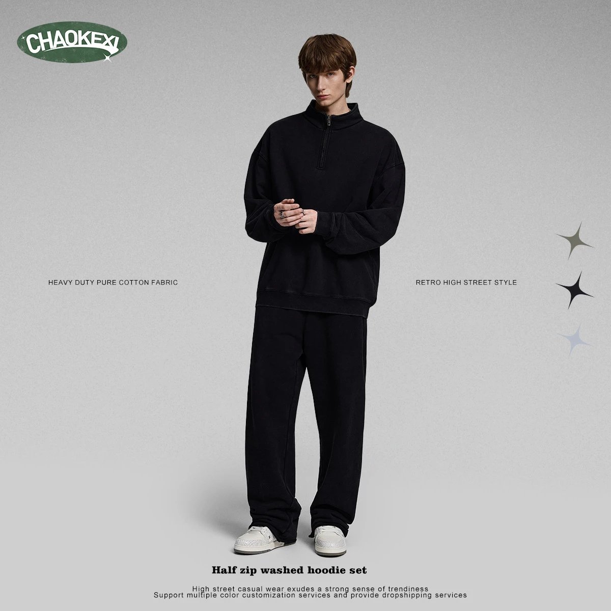 Retro Cotton Half Zip Pullover Sweatshirt Onyx - Gallery Image 2 - Detailed View