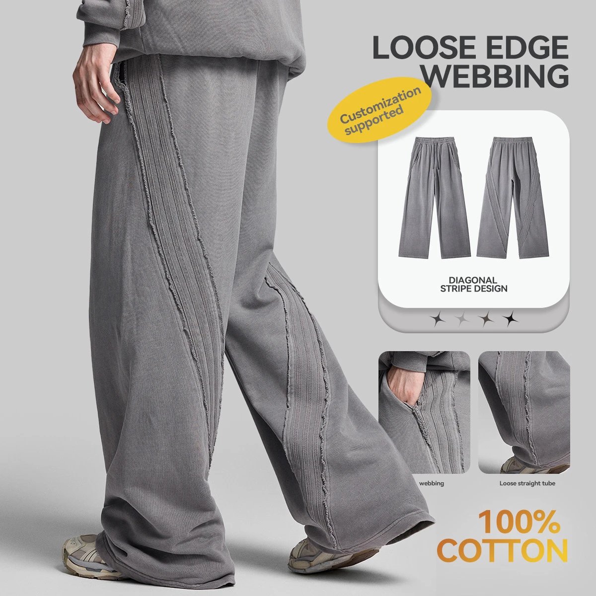 Wide Leg Cotton Lounge Pants Urban Style Jet Black - Gallery Image 3 - Detailed View