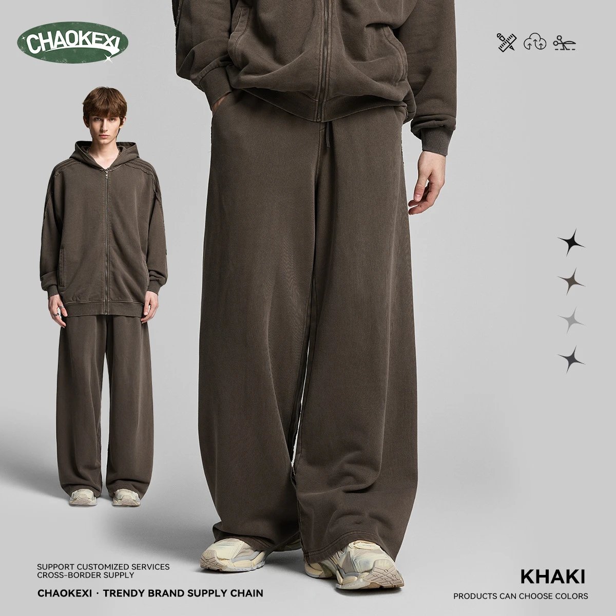 Cotton Blend Wide Leg Casual Pants Urban Khaki - ChaoKeXi - Cnfans - $30.56