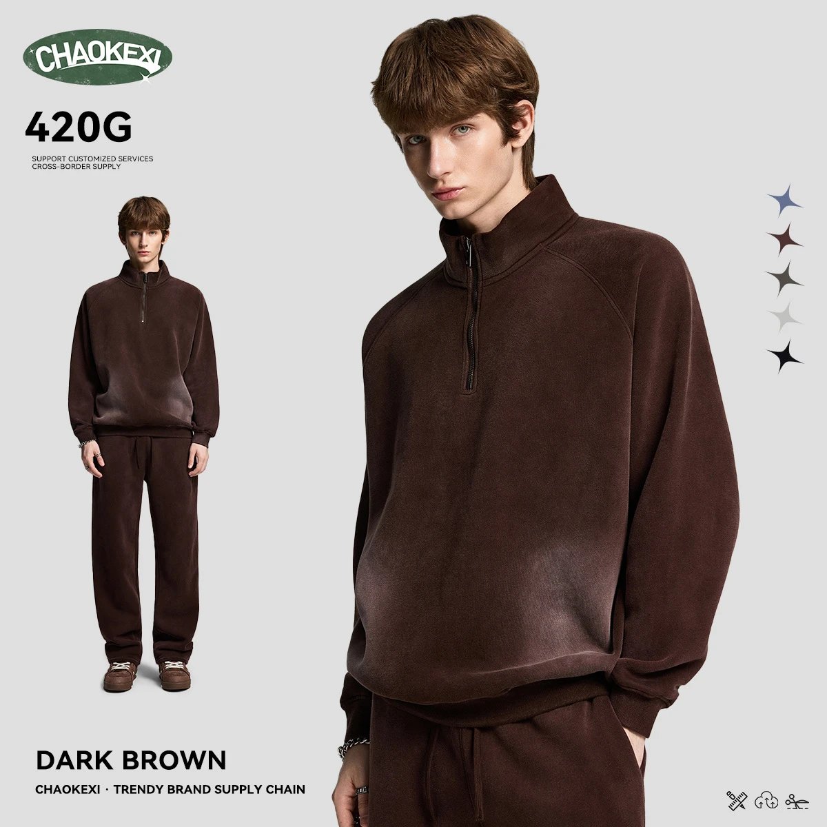 Retro Heavyweight 420g Half Zip Fleece Hoodie Men Dark Cocoa - CHAOKEXI（潮可喜） - Cnfans - $31.53