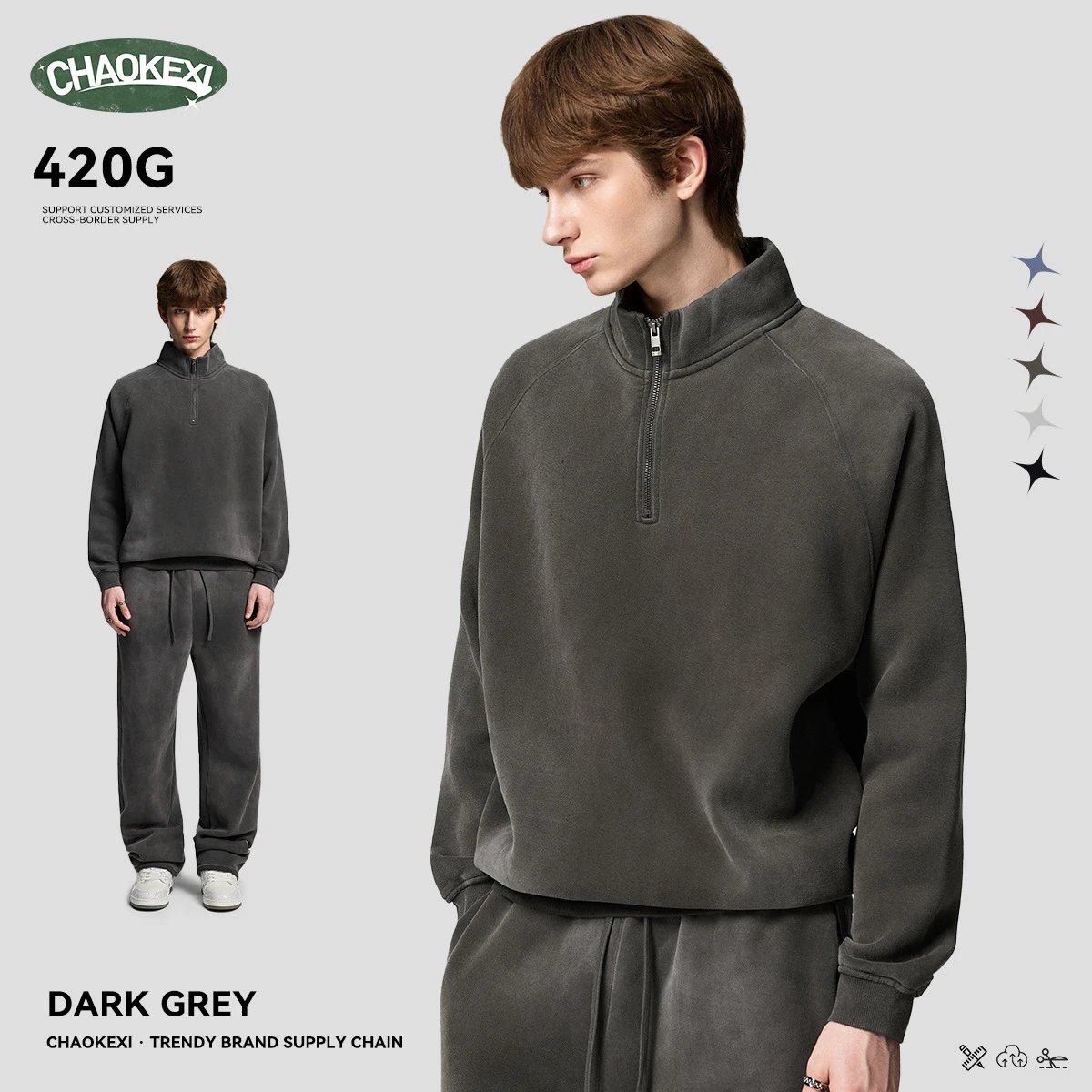 Retro 420G Heavyweight Half Zip Fleece Hoodie Men Ash Gray - CHAOKEXI（潮可喜） - Cnfans - $31.53