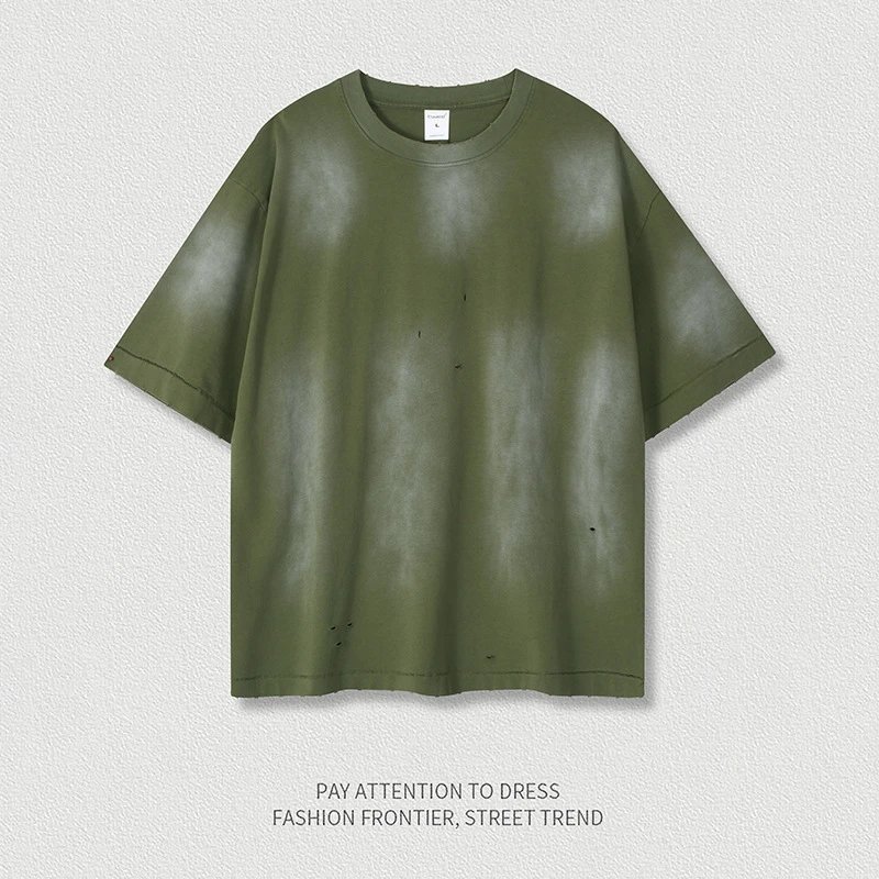 Grunge Cotton Tee Distressed Short Sleeve Olive - CHAOKEXI - Cnfans - $22.58