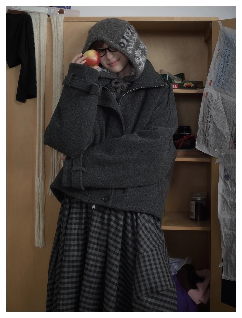 Winter Unisex Retro Wool Blend Padded Jacket Anthracite - Gallery Image 1 - Detailed View