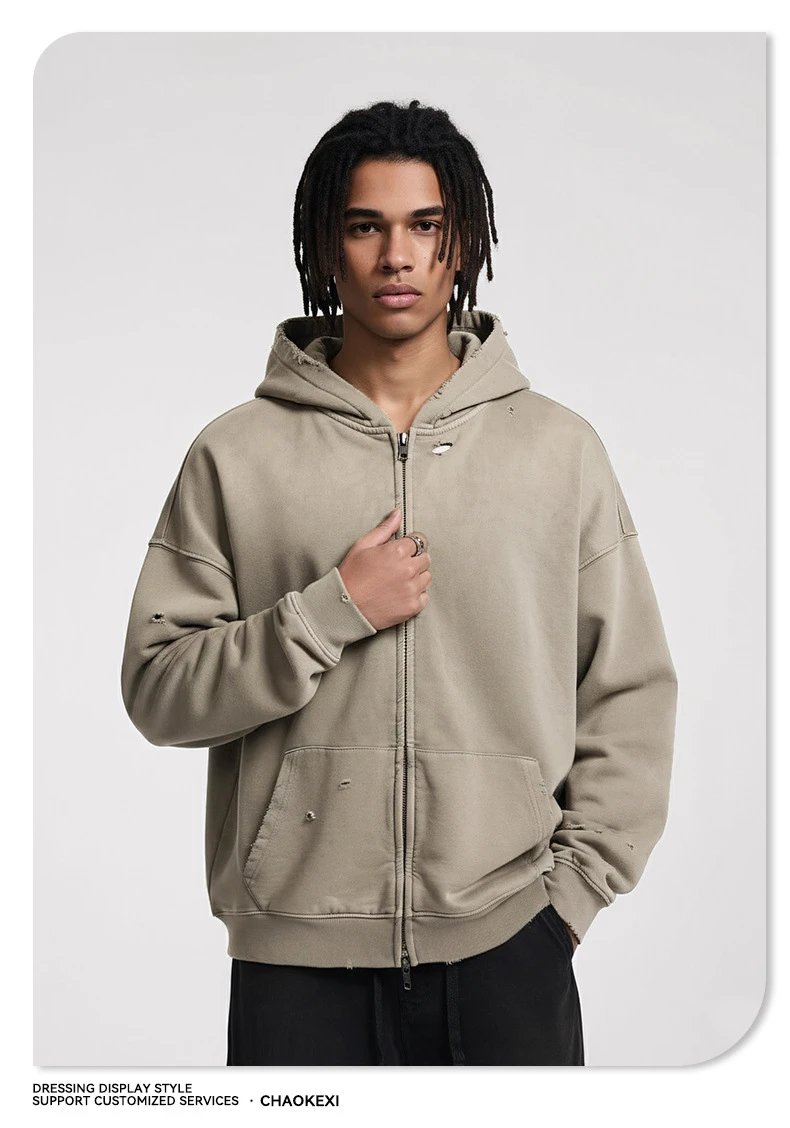American High Street Cotton Zip Hoodie Retro Loose Men Taupe Khaki - Gallery Image 10 - Detailed View