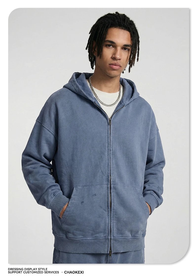 American High Street Cotton Zip Hoodie Retro Loose Men Taupe Khaki - Gallery Image 8 - Detailed View