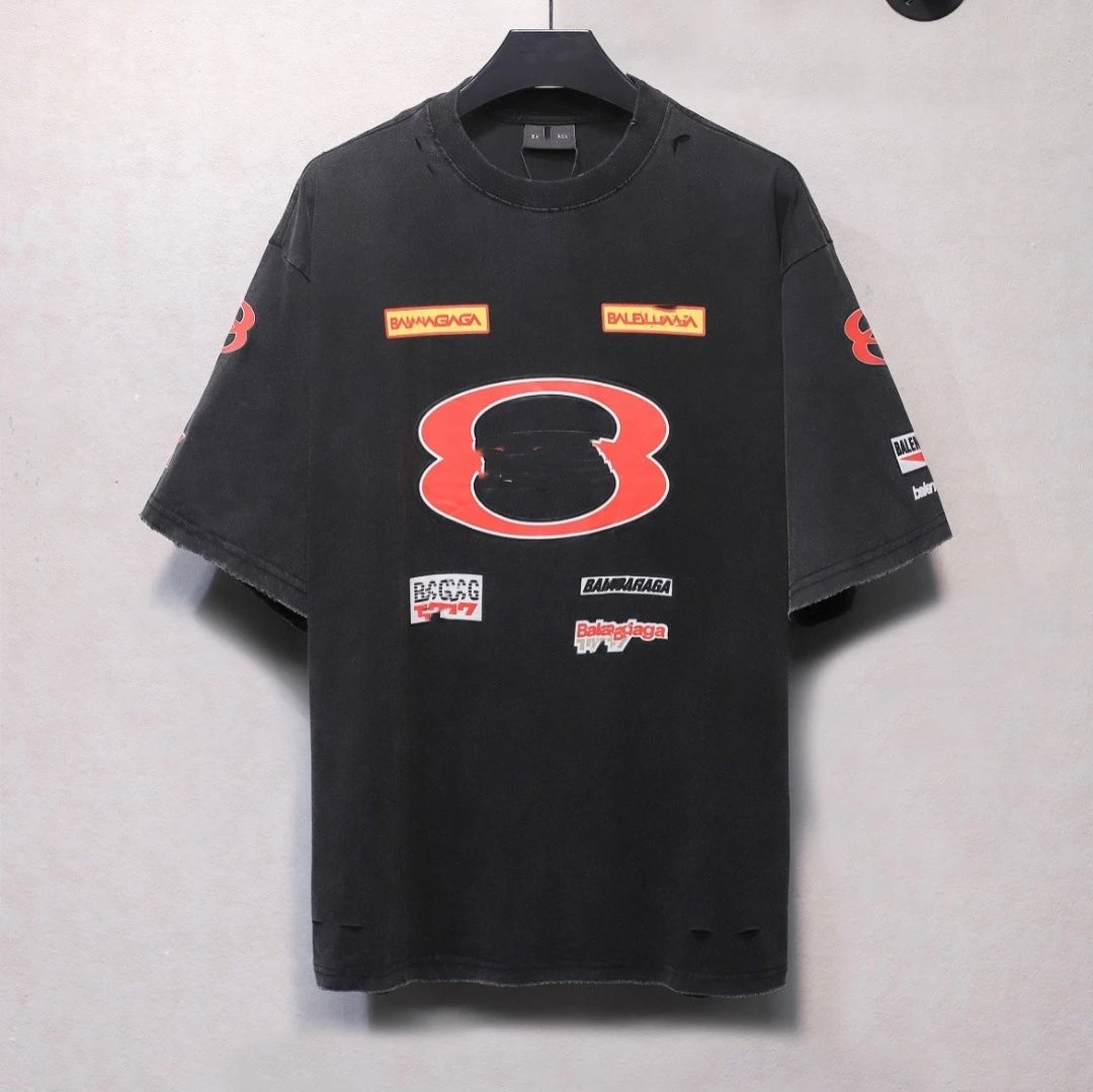 Unisex Oversized Distressed Moto Graphic Tee, Washed Black - Gallery Image 1 - Detailed View