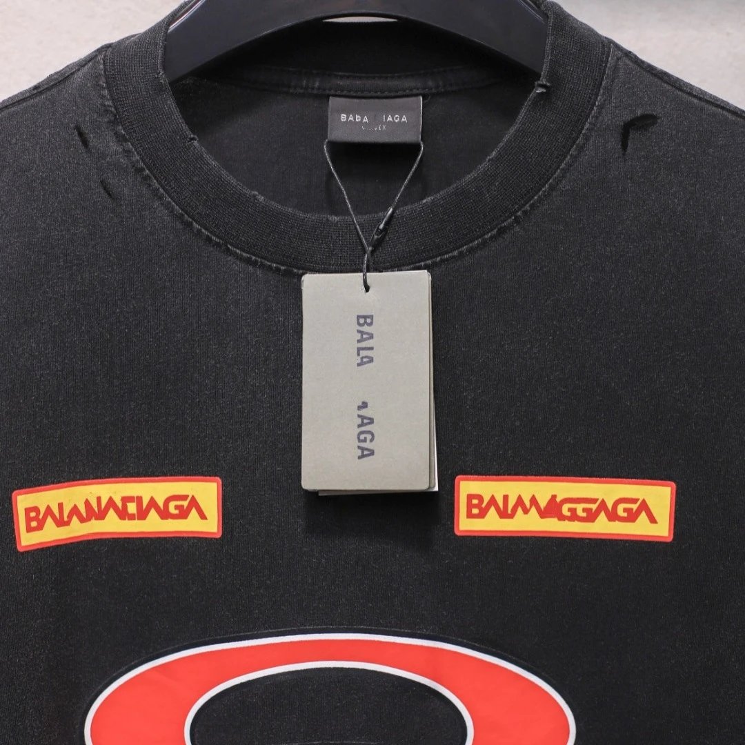 Unisex Oversized Distressed Moto Graphic Tee, Washed Black - Gallery Image 3 - Detailed View