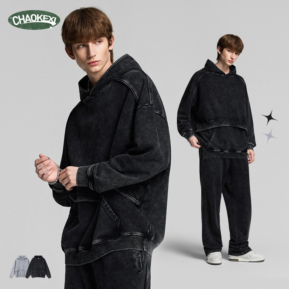 Men Heavyweight 430g Washed Pullover Hoodie Mud Gray - Gallery Image 2 - Detailed View