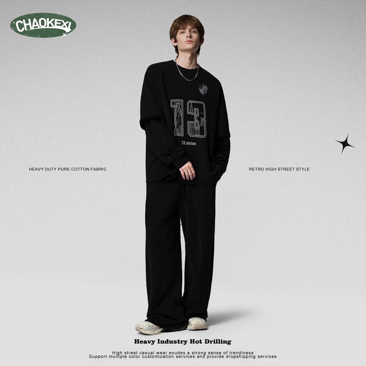 Oversized Heavyweight Cotton Crewneck Sweatshirt Onyx - Gallery Image 3 - Detailed View