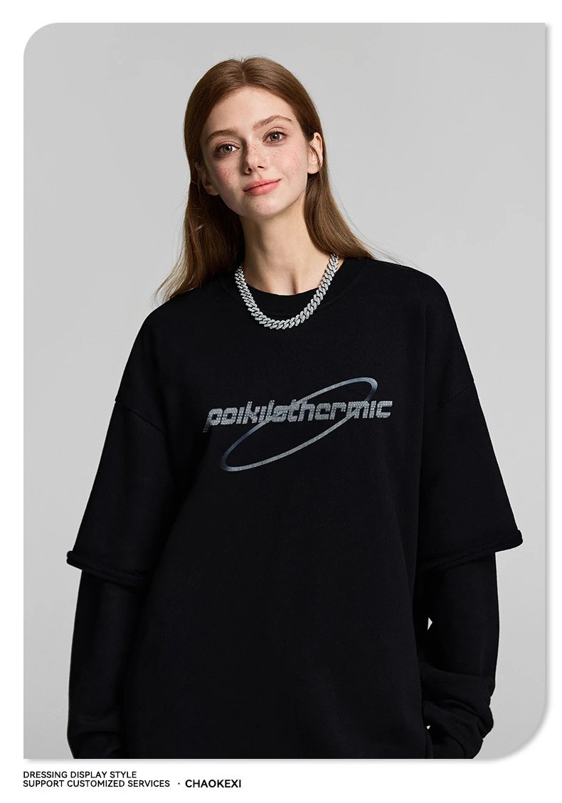 Retro Cotton Rhinestone Fake Two-Piece Hoodie Onyx - Gallery Image 10 - Detailed View