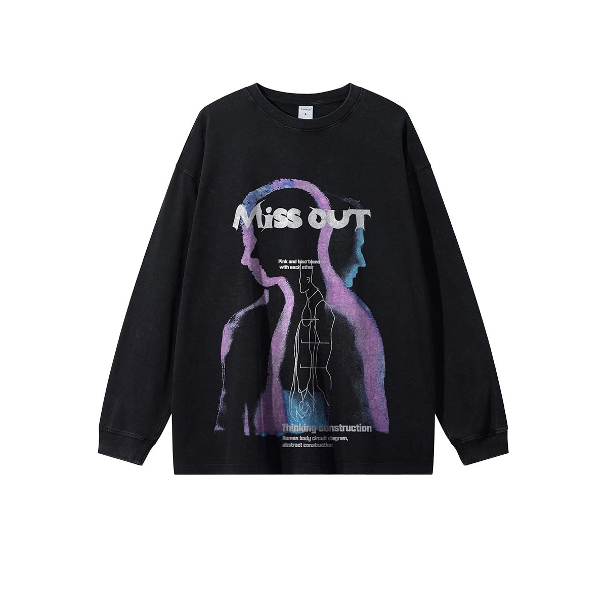 Men's Long Sleeve Graphic Tee Streetwear Jet Black - Gallery Image 5 - Detailed View