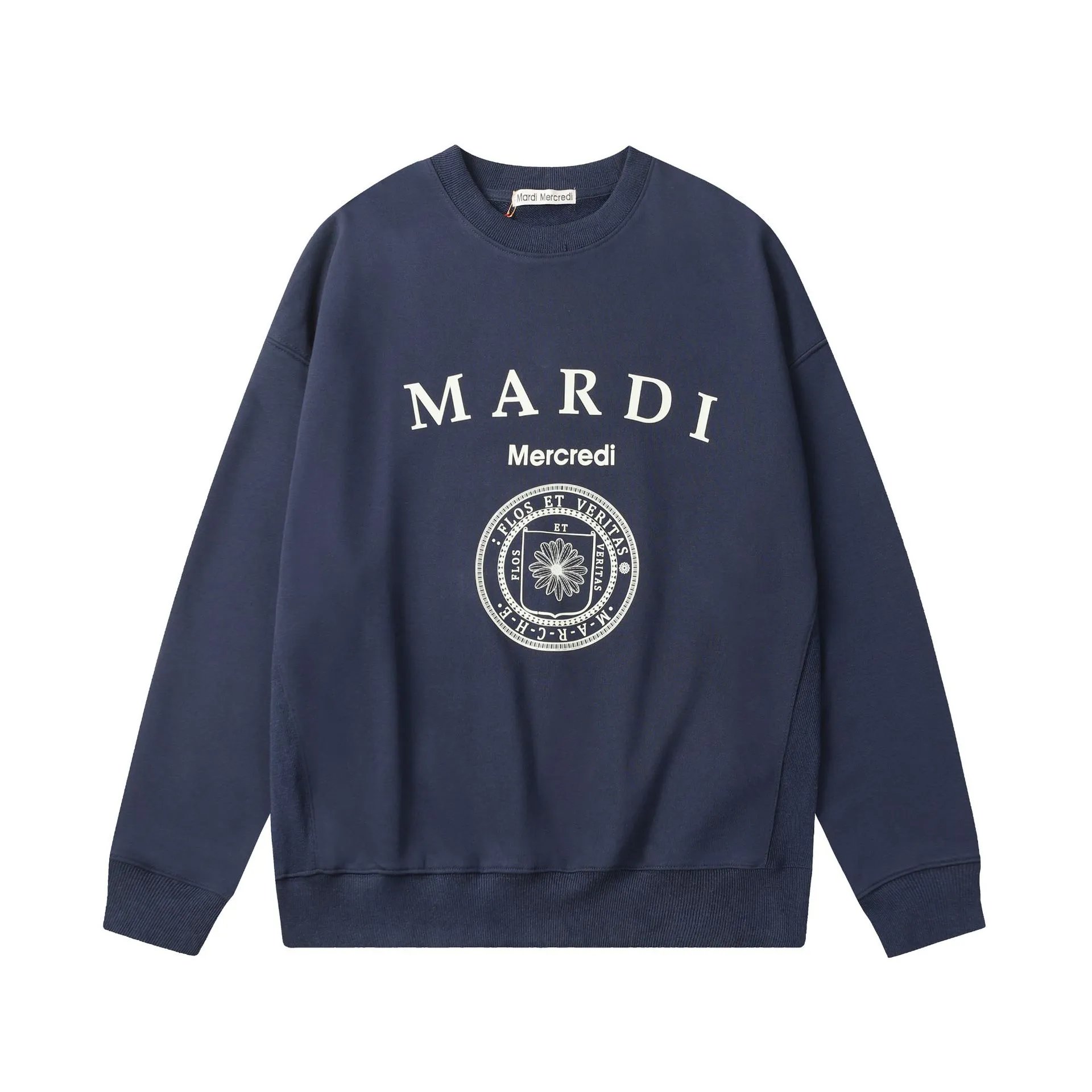 Unisex Daisy Print Crewneck Sweatshirt, Cotton Blend, Midnight Blue - Gallery Image 4 - Detailed View