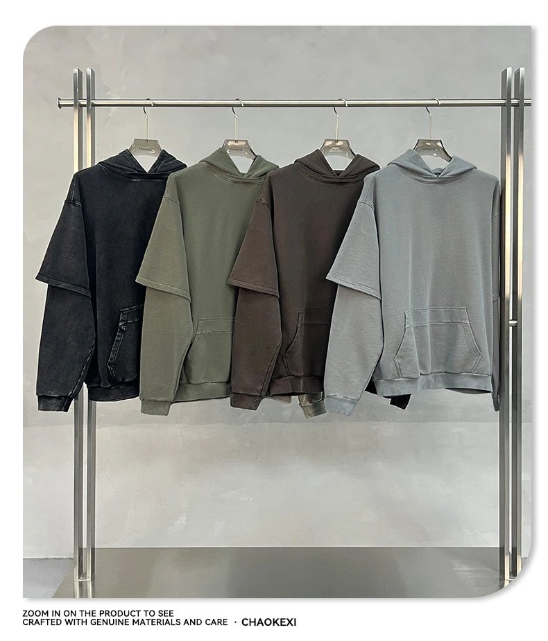 Heavyweight 400g Washed Double Layer Hoodie Ash Gray - Gallery Image 12 - Detailed View