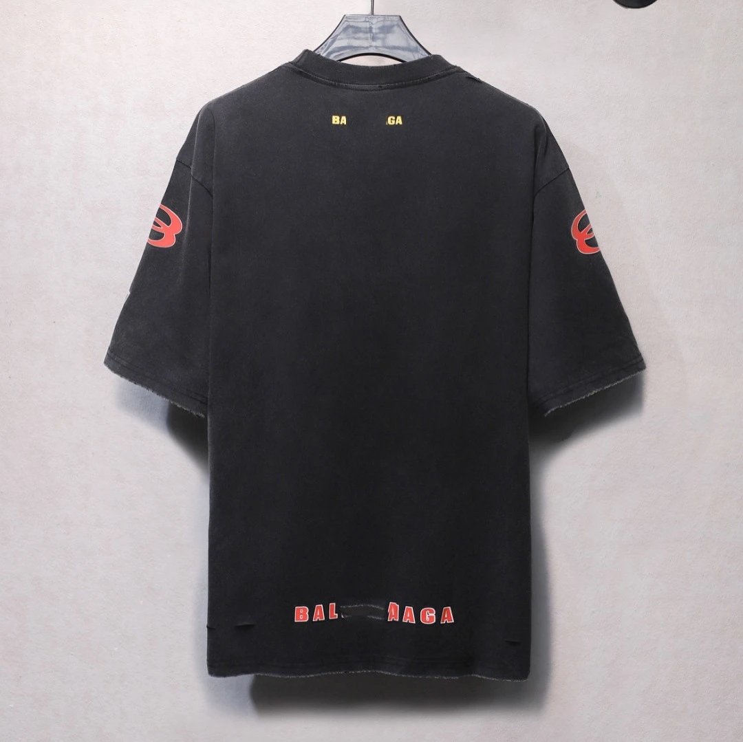 Unisex Oversized Distressed Moto Graphic Tee, Washed Black - Gallery Image 2 - Detailed View