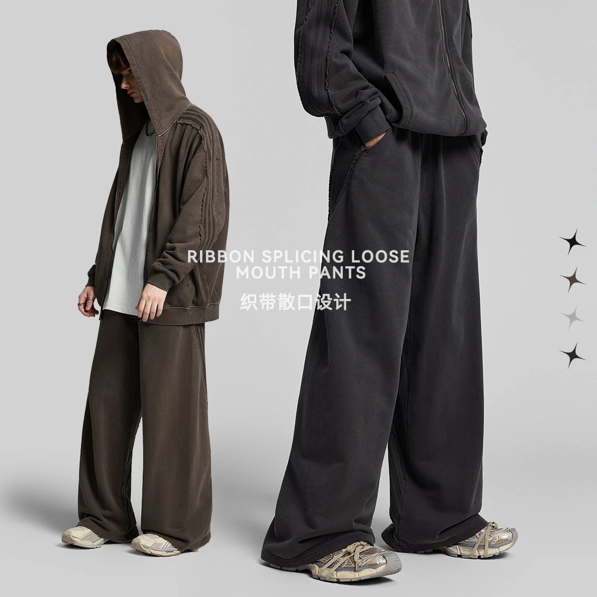 Men's Cotton Wide Leg Washed Pants, Oversize - Charcoal - Gallery Image 3 - Detailed View