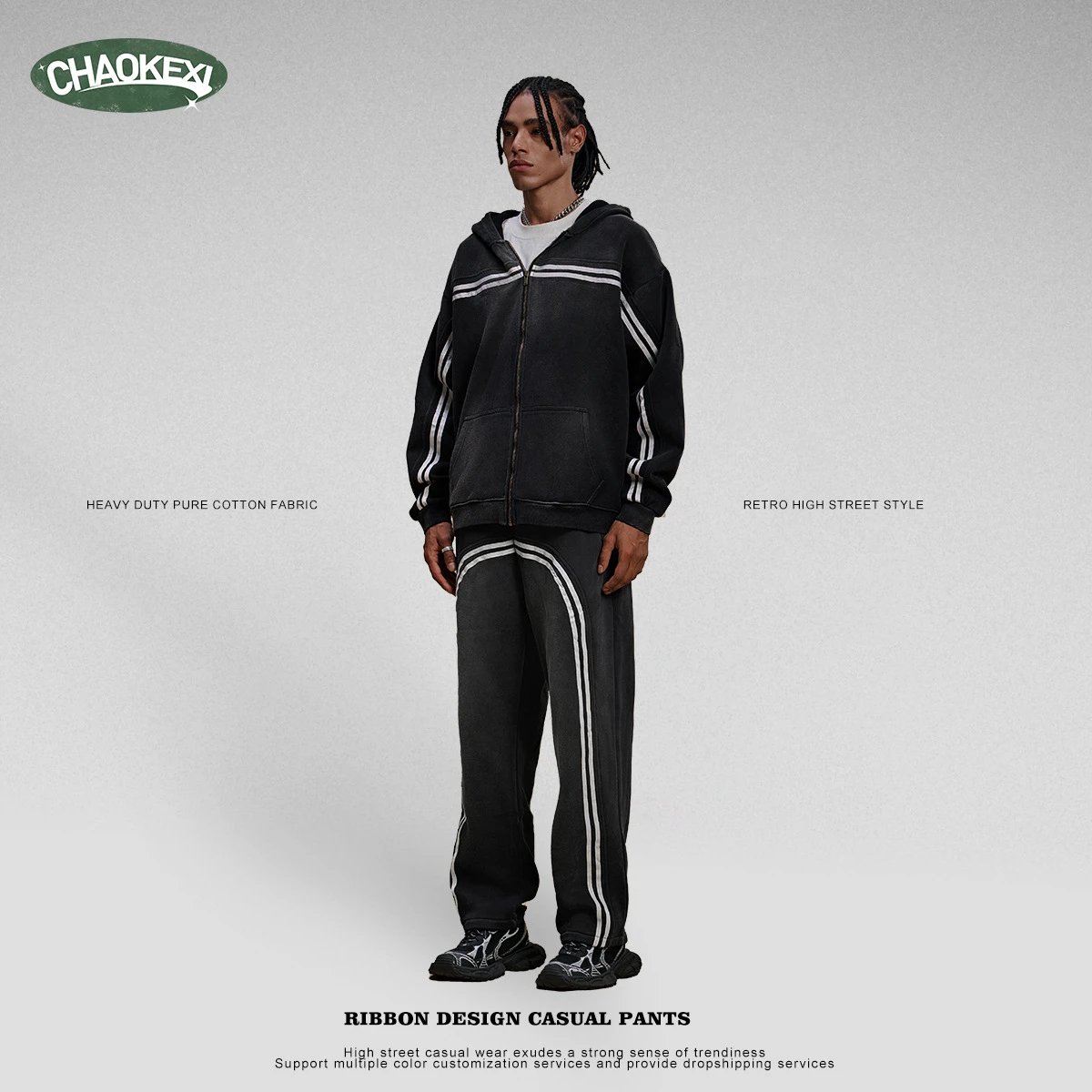 Retro Velvet Ribbon Straight-Leg Men's Pants Jet Black - Gallery Image 2 - Detailed View