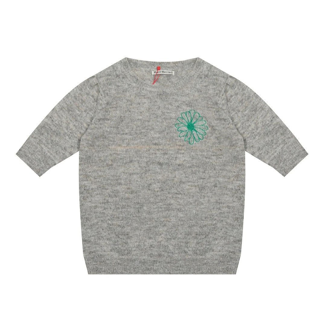 Women's Daisy Embroidered Short Sleeve Knit Sweater Ash Grey - Mardi Mercredi - Cnfans - $28.06